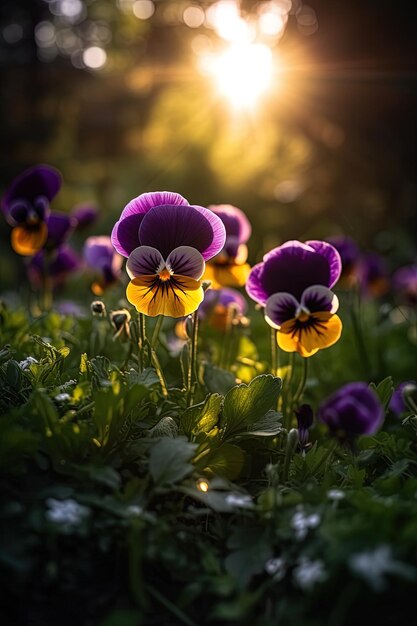 flores púrpuras en un jardín al atardecer