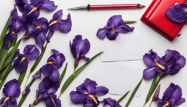 flores púrpuras con un lápic y un lápiz en una mesa