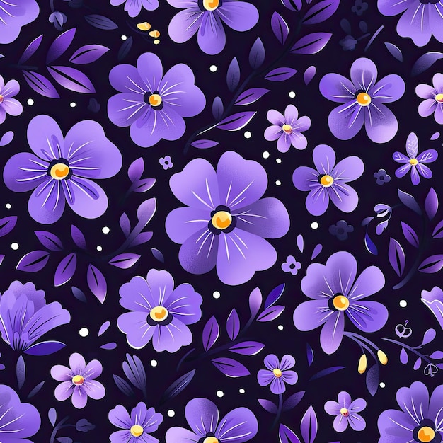 flores púrpuras y moradas con centros y puntos amarillos sobre un fondo negro