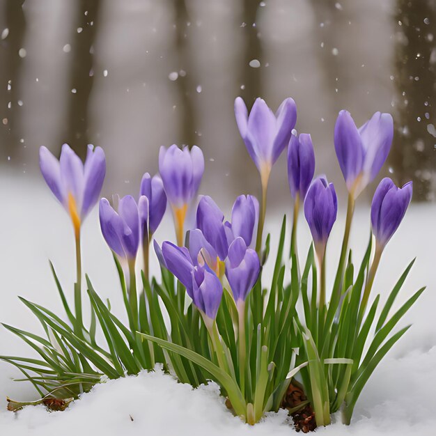 Foto flores púrpuras en la nieve con un fondo borroso