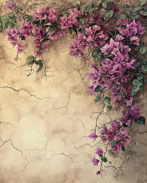 Foto flores púrpuras en una pared con un fondo grunge generativo ai