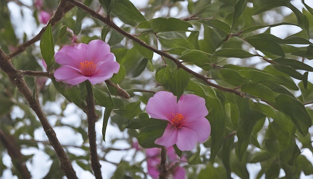 flores púrpuras en una rama de árbol con hojas verdes