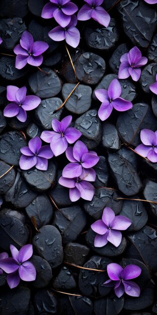 Flores púrpuras en rocas negras Composiciones texturizadas en paletas monocromáticas