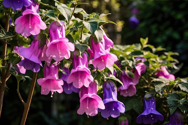 Flores púrpuras y rosas de campana de Canterbury en el jardín