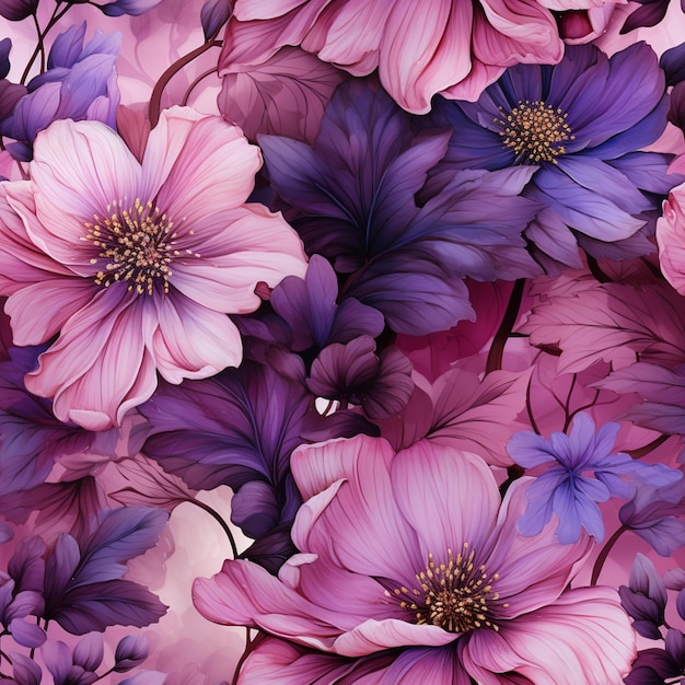 las flores púrpuras y rosas están dispuestas en un patrón en un fondo rosa generativo ai