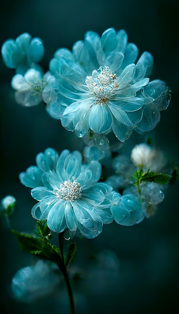 Flores que son azules y blancas con gotas de agua sobre ellas ai generativo