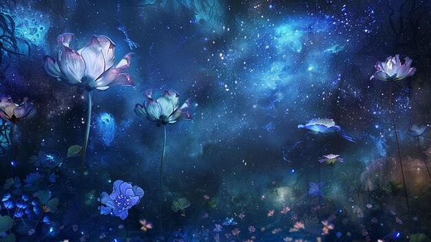 Flores radiantes de luz interestelar floreciendo en el jardín del cielo nocturno con esplendor etéreo