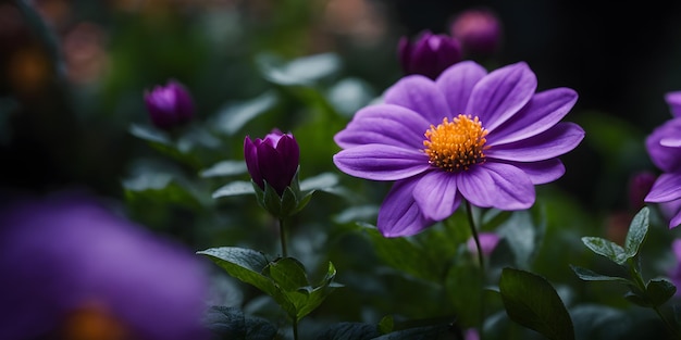 Flores radiantes na escuridão Flores roxas em um fundo escuro