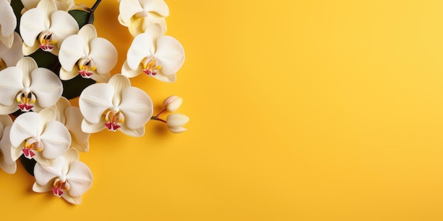 Foto flores en una rama de orquídea blanca sobre un fondo amarillo espacio para texto o producto ia generativa