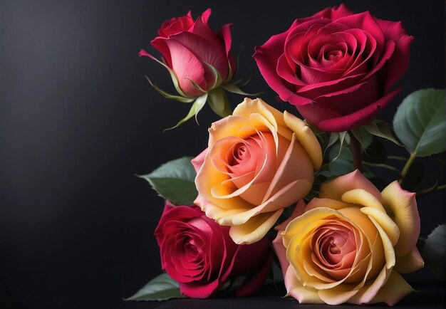Foto flores un ramo de rosas de diferentes colores en un espacio de fondo oscuro para el estandarte de texto