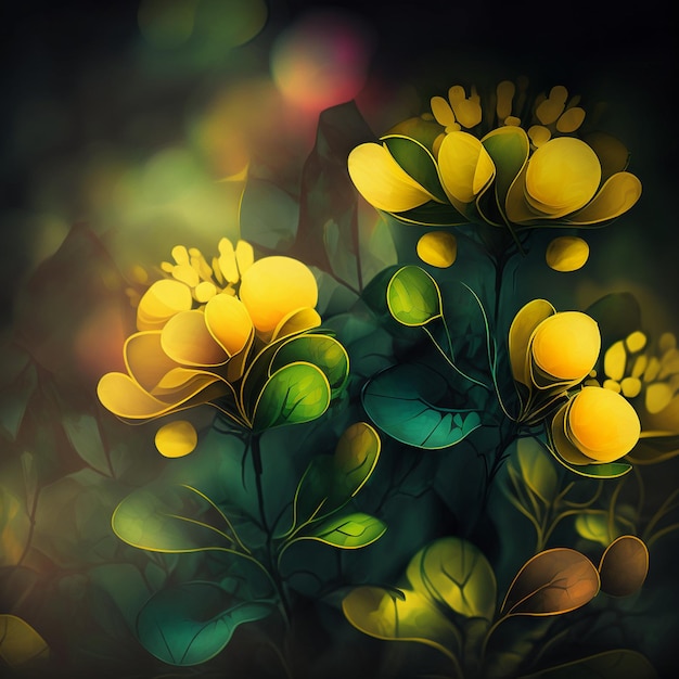 Foto flores realistas amarillas con tallos y hojas verdes fondo de arte natural