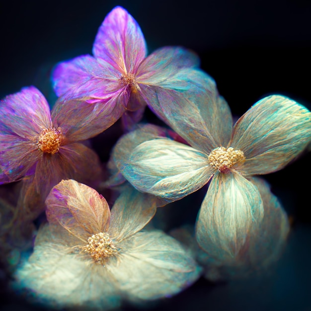 Flores realistas blancas y lilas.