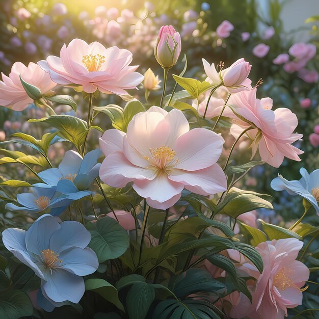 Flores realistas en un jardín pastel pétalos suaves y delicados en tonos de rosa azul y amarillo 11