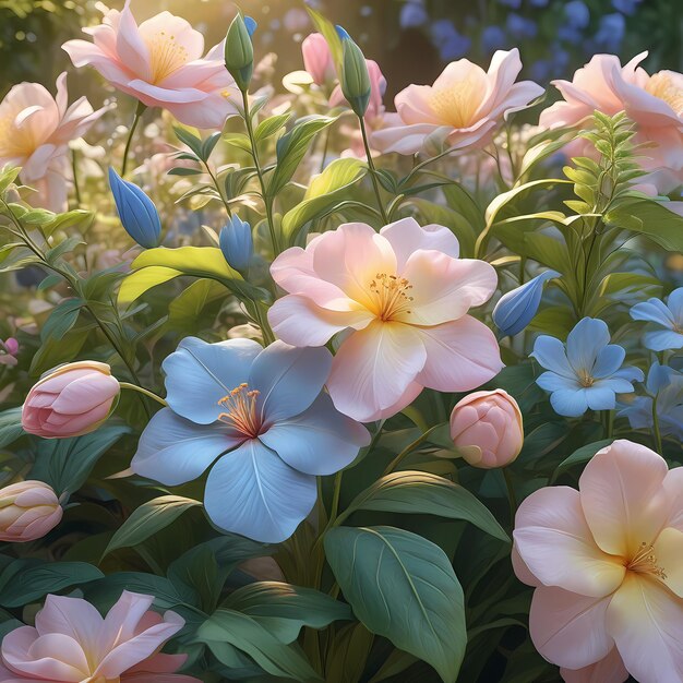 Flores realistas en un jardín pastel pétalos suaves y delicados en tonos de rosa azul y amarillo 12