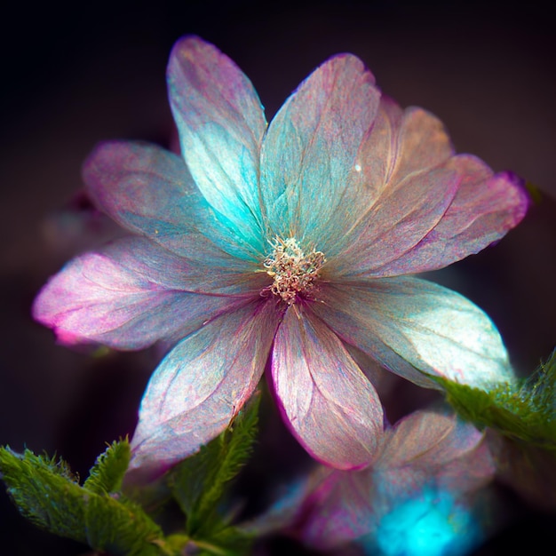 Flores realistas moradas y lilas con tallos y hojas verdes.