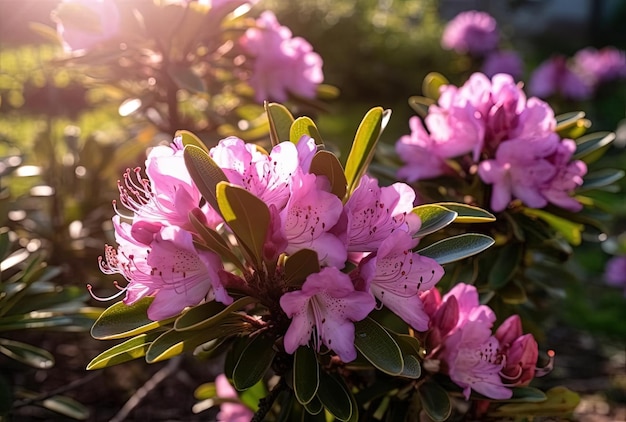 Flores de rododendro o adelfa en primer plano del jardín de primavera