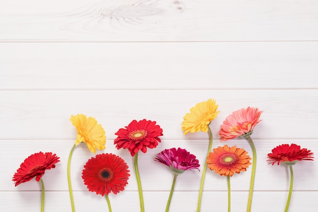 Flores rojas, amarillas del gerbera en fondo de madera.