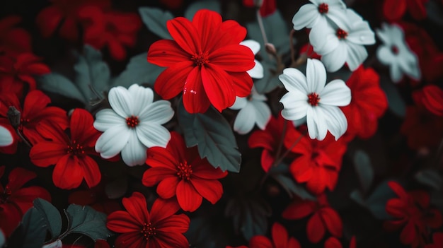 Flores rojas y blancas con hojas oscuras