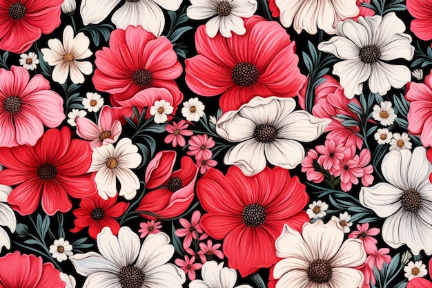 flores rojas y blancas sobre un fondo negro