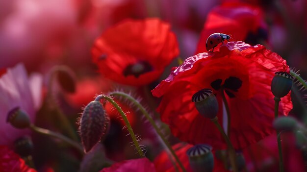 Flores rojas brillantes amapolas y mariquitas al aire libre macro de primer plano en la naturaleza IA generativa