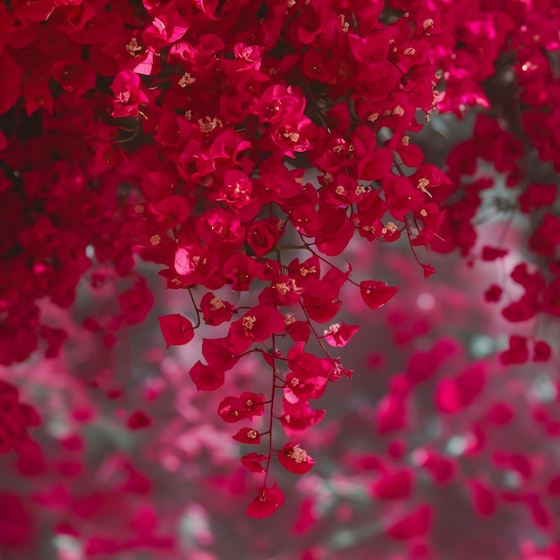 Las flores rojas de buganvilla contra un telón de fondo borroso