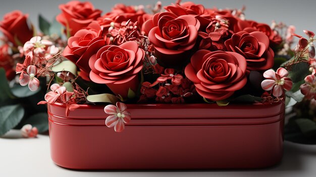 Flores rojas en la caja sobre un fondo blanco.