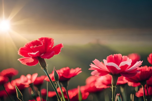 Flores rojas en un campo con el sol detrás de ellas