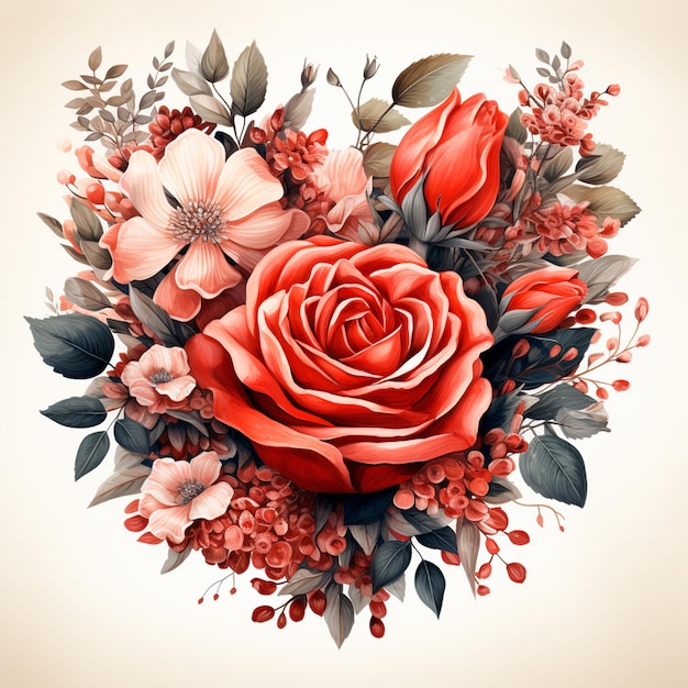 Foto flores rojas florales ramo de corazones día de san valentín amor romántico ilustración aislada ai generativa