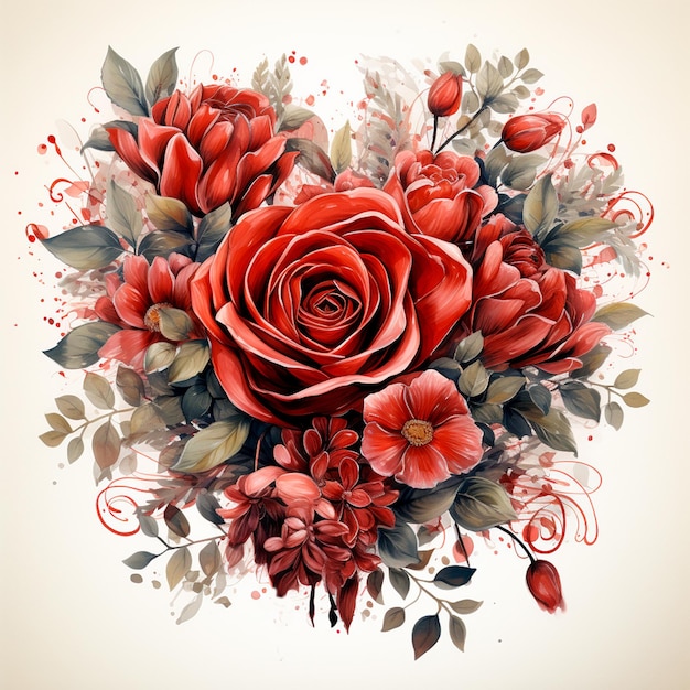Flores rojas florales ramo de corazones día de San Valentín amor romántico ilustración aislada AI generativa