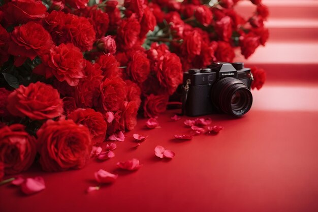 Flores rojas con fondo de pared de textura que muestran amor y espacio vacío para el texto