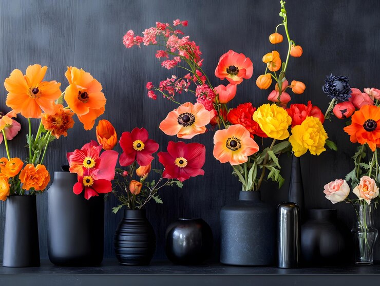 Flores rojas naranjas y amarillas vibrantes en vasos negros de varias formas AI generativa