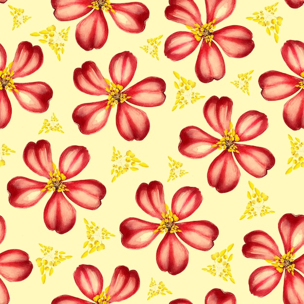 Flores rojas en patrones sin fisuras acuarela amarilla