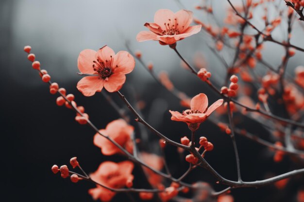 flores rojas en una rama con fondo negro