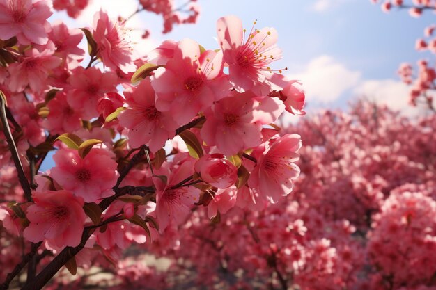 Foto flores rojas y rosas en una flor de cerezo generativo ai