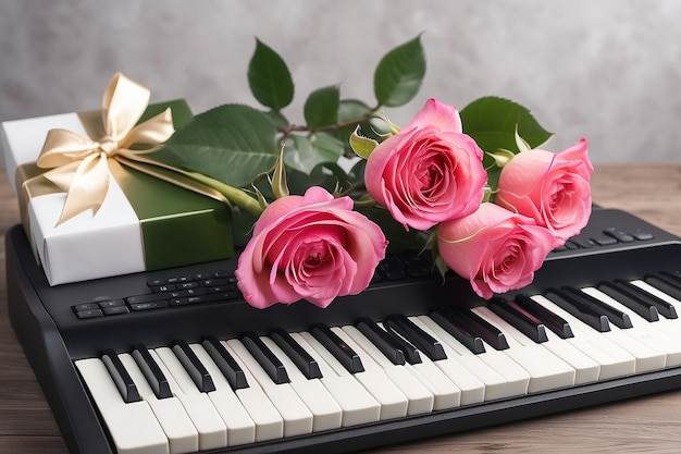 Flores de rosa con caja de regalo y teclado en la mesa