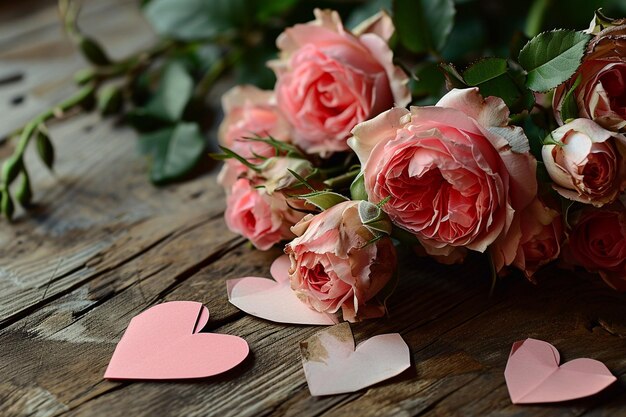 Flores de rosa con corazón de papel en la mesa