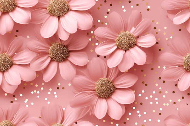 Foto flores rosa delicadas com centros dourados colocadas em fundo pastel polvilhadas com pontos dourados criando um padrão floral encantador e luxuoso textura repetível celebração evento festivo ia geradora