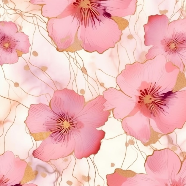 flores rosa em um fundo branco com detalhes dourados generativos ai