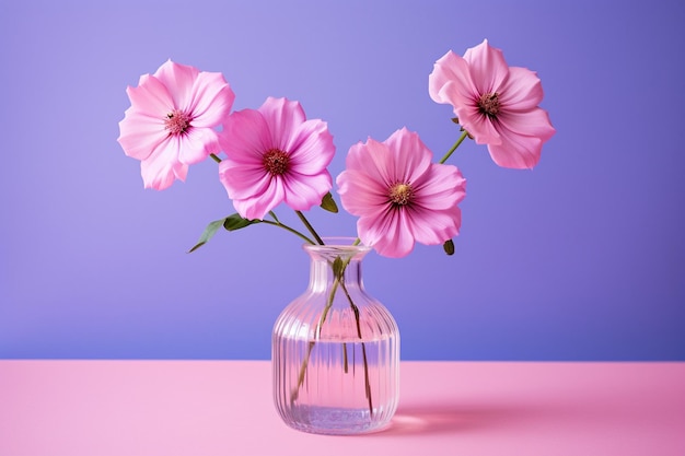 Flores rosa em um vaso em um fundo roxo