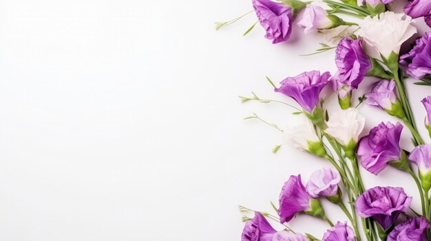 flores rosa púrpura y composición de lisianthus en un fondo blanco plantilla de espacio de copia