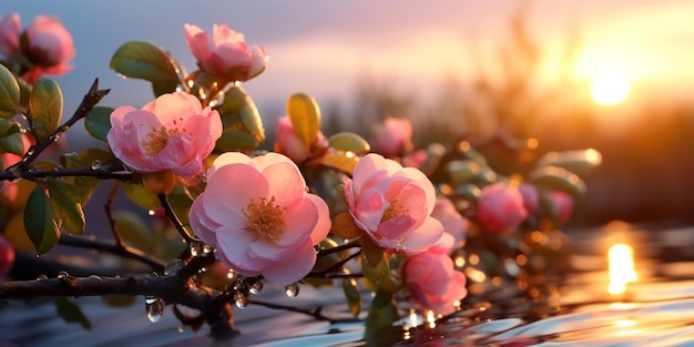 flores de rosa en las ramas con gotas de rocío al amanecer en la playa