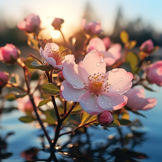 flores de rosa en las ramas con gotas de rocío al amanecer en la playa