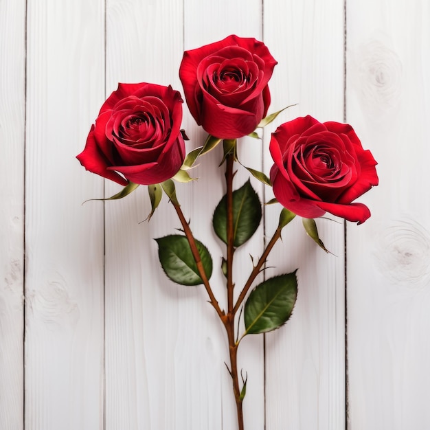 Flores de rosa roja sobre fondo de madera blanca Tarjeta de felicitación romántica para el Día de San Valentín