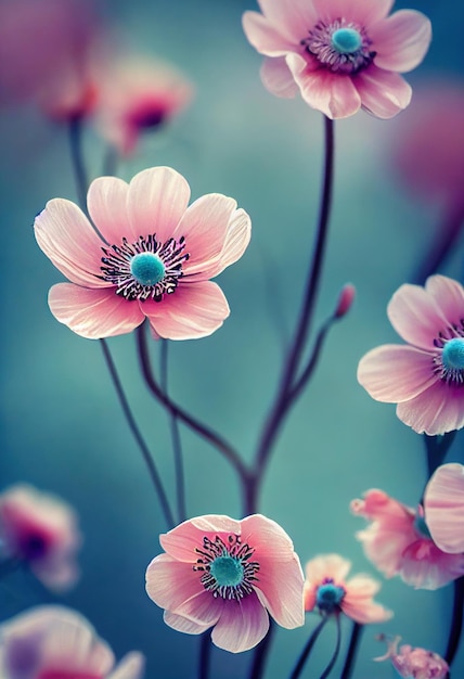 Flores rosa românticas em galhos em flores de papel de parede de fundo azul