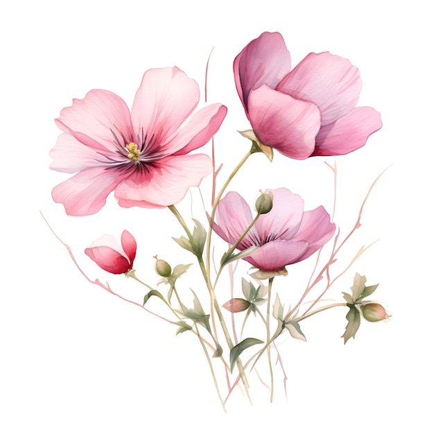 Flores rosadas acuarelas aisladas sobre un fondo blanco de alta calidad