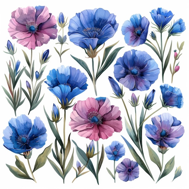 Flores rosadas y azules flores de maíz y plantas ilustración de acuarela aislada en blanco