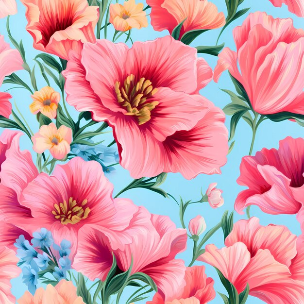 Flores rosadas y azules vibrantes en un fondo azul sereno diseño de patrón sin costuras