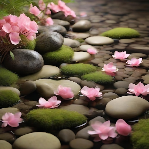 Foto flores rosadas blancas fondo de bambú ia