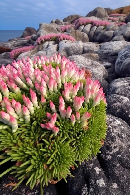 Flores rosadas y blancas en las rocas junto al mar en verano