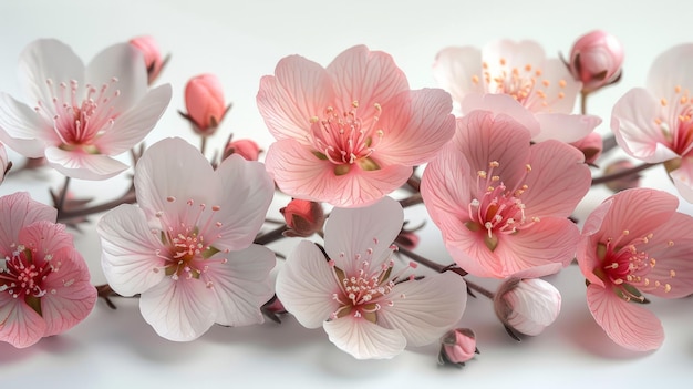 Flores rosadas y blancas sobre un fondo blanco